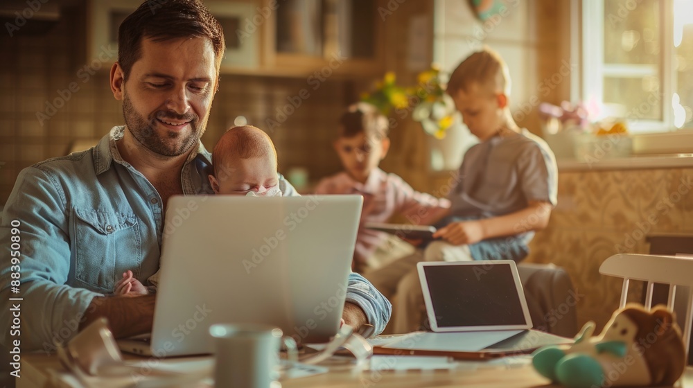 A man is sitting at a table with a laptop and a baby A man is sitting at a table with a laptop and a baby