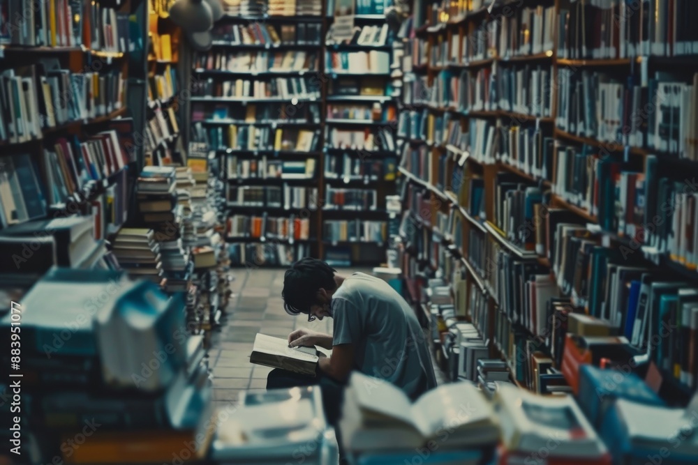 A Solitary Reader Immersed in a World of Books in a Bustling Bookstore A Solitary Reader Immersed in a World of Books in a Bustling Bookstore