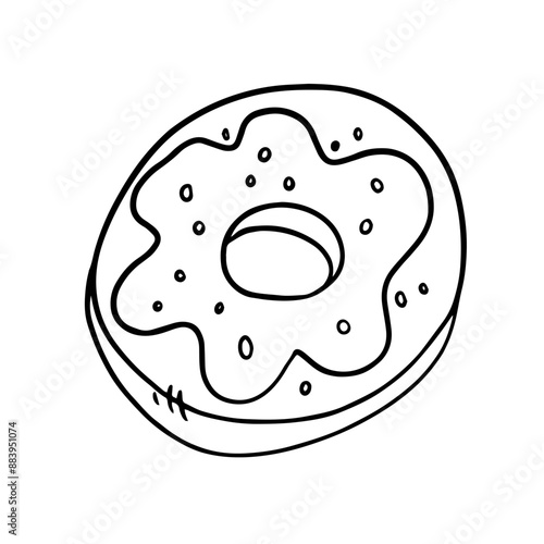 Vector doodle pastry. fresh chocolate donut, outline illustration on white background. French breakfast