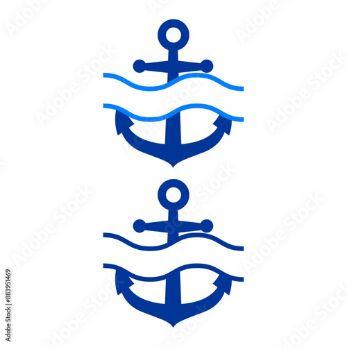Logo nautical. Silueta de ancla de barco con olas de mar como marco
