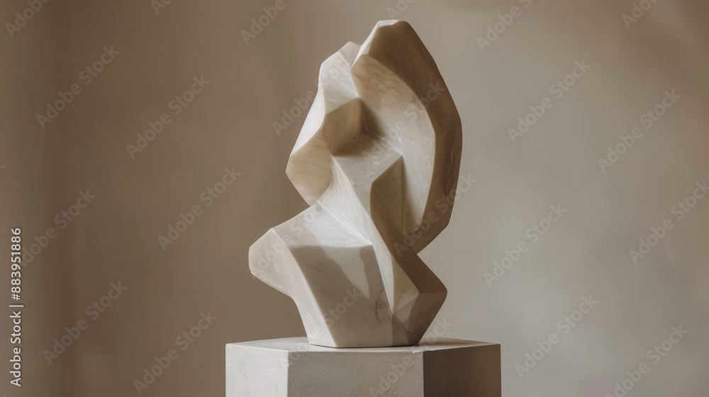 A minimalist sculpture of an abstract white stone form with sharp angles and edges A minimalist sculpture of an abstract white stone form with sharp angles and edges