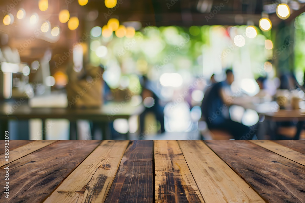 Rustic wooden table in cozy caf�� with blurred people and warm lights.