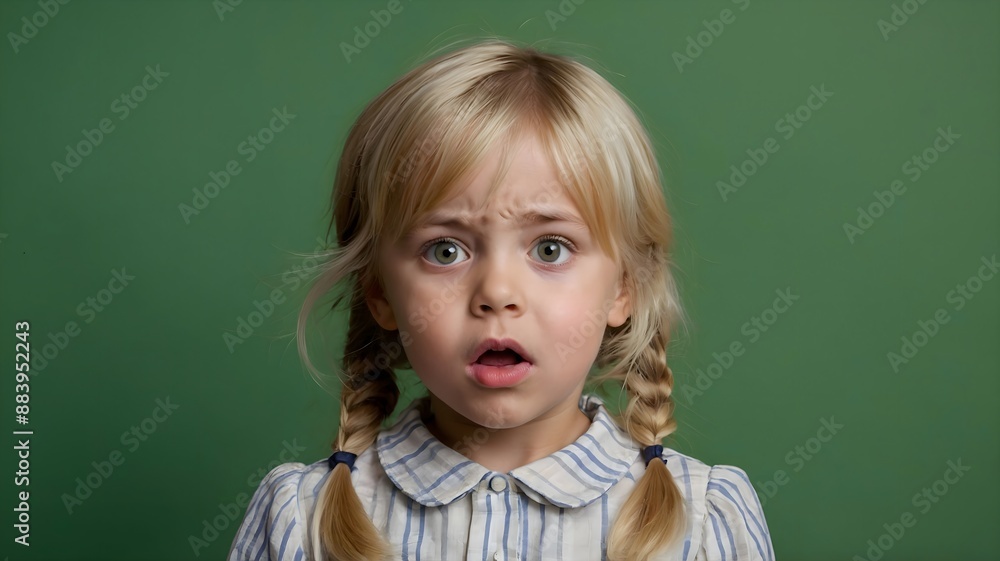 Portrait of a little blond girl, she is in shock, green background with copy space Portrait of a little blond girl, she is in shock, green background with copy space