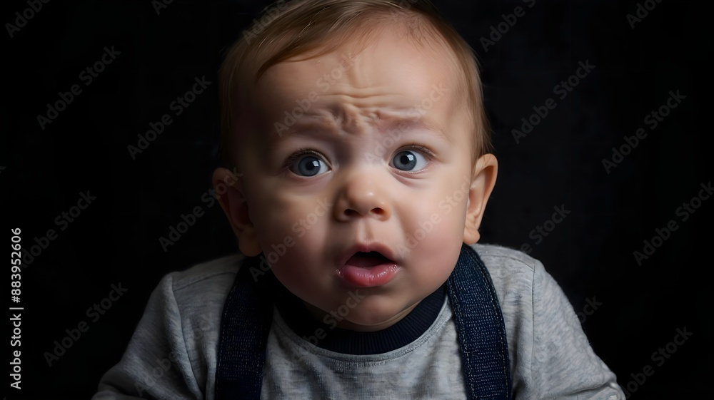 Portrait of a little baby, she is in shock, black background with copy space Portrait of a little baby, she is in shock, black background with copy space