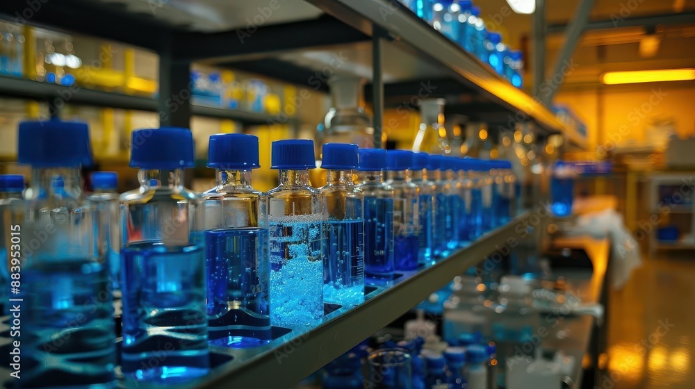 Rows of blue liquid in glass bottles on a laboratory shelf. Rows of blue liquid in glass bottles on a laboratory shelf.