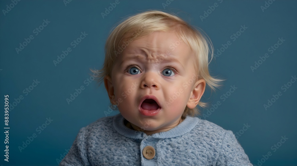 Portrait of a blond little baby, he is shocked, blue background with copy space Portrait of a blond little baby, he is shocked, blue background with copy space