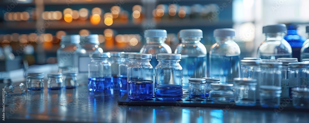 Close-up of several empty glass bottles on a table. Close-up of several empty glass bottles on a table.