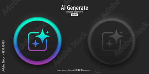 Set of generative AI buttons. Active and inactive buttons with generated icons. Press the button to create ideas. Neumorphism design style for apps, websites, and Interfaces. Vector illustration.