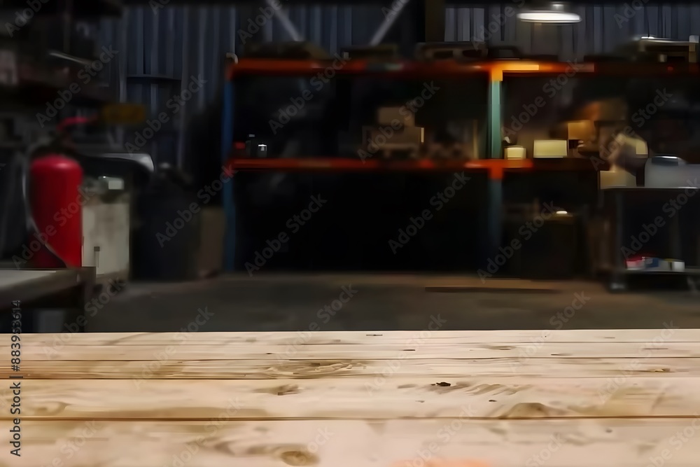 Empty wooden table in a dimly lit workshop, with blurred tools and equipment in the background. Empty wooden table in a dimly lit workshop, with blurred tools and equipment in the background.