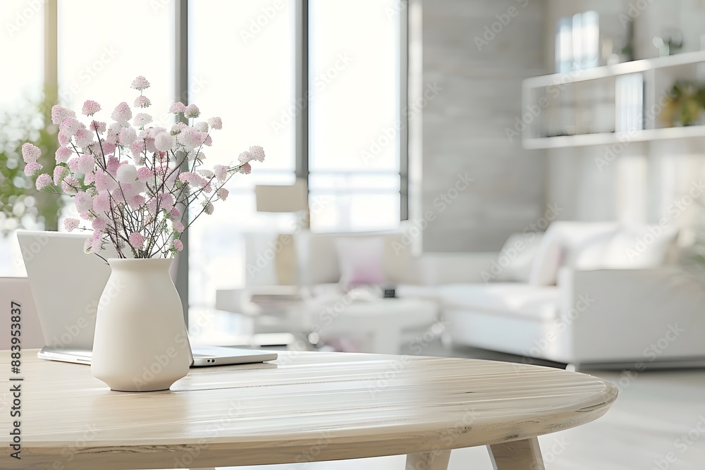 Cozy modern living room with light wooden table, pink flowers in vase, and bright airy atmosphere Cozy modern living room with light wooden table, pink flowers in vase, and bright airy atmosphere
