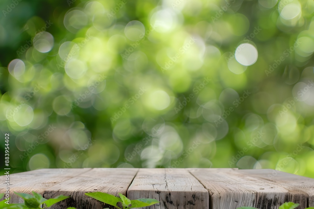Rustic wooden table with vibrant green bokeh background, ideal for showcasing outdoor products. Rustic wooden table with vibrant green bokeh background, ideal for showcasing outdoor products.
