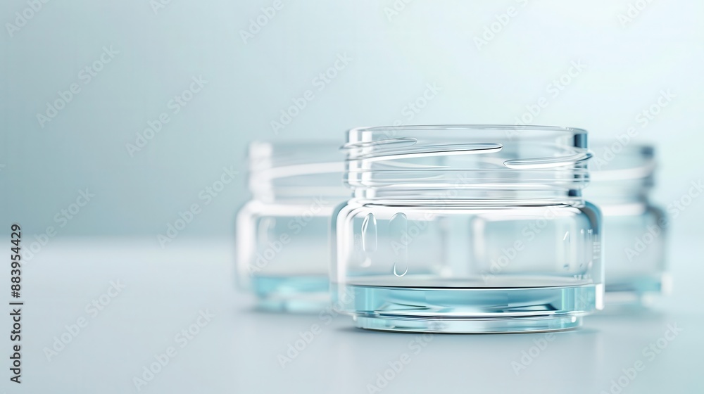 Three empty glass jars on a white surface, ideal for showcasing cosmetic or beauty products. Three empty glass jars on a white surface, ideal for showcasing cosmetic or beauty products.