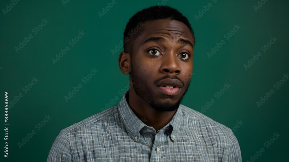 Portrait of a black young man, he is shocked, green background with copy space Portrait of a black young man, he is shocked, green background with copy space