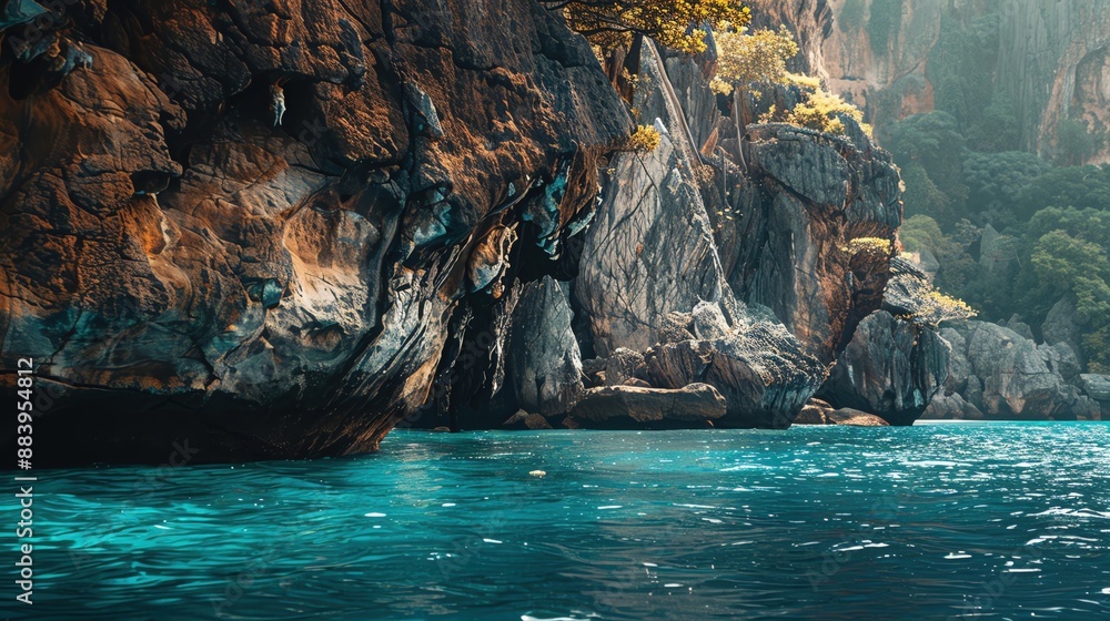 Fototapeta premium Create a close-up shot of a beautiful coastal area on an island in Thailand, featuring rocky cliffs and turquoise waters