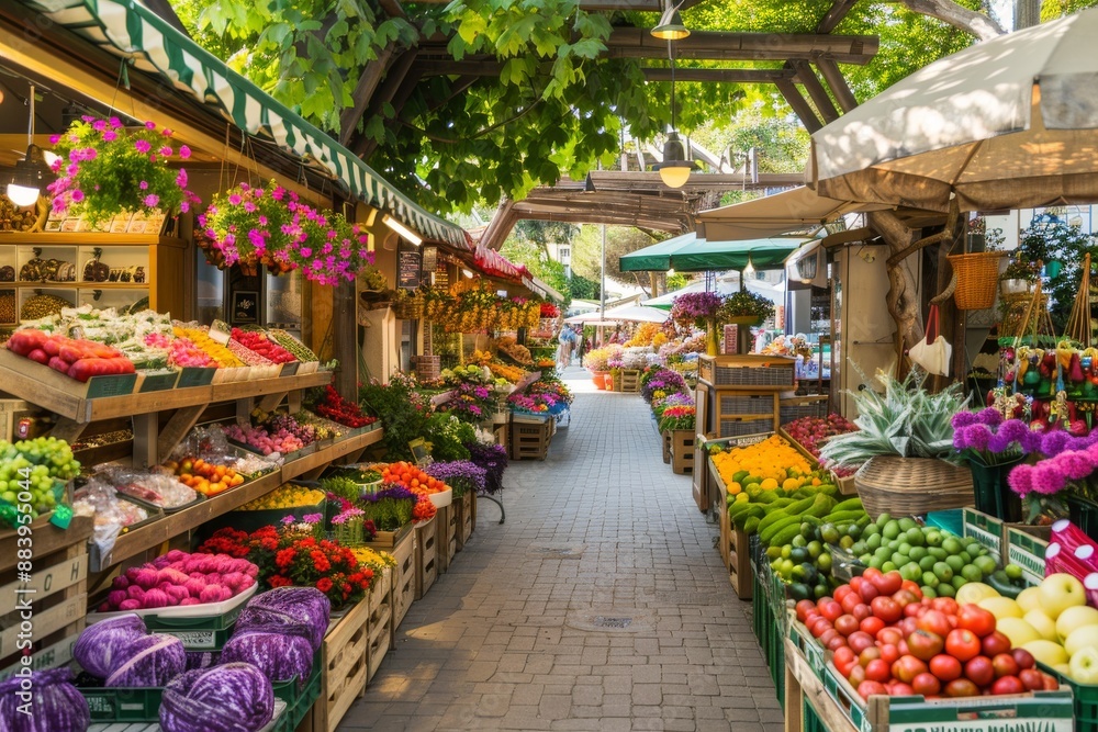 A Vibrant European Market Under A Canopy Of Green