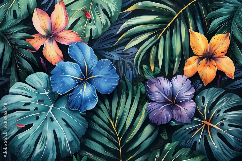 Vibrant Tropical Flower Painting, Watercolor Jungle Scene Vibrant Tropical Flower Painting, Watercolor Jungle Scene