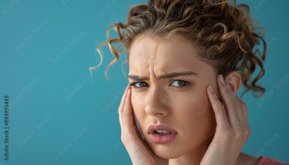 A young woman with curly hair looks confused and frustrated against a blue background, holding her head with both hands. A young woman with curly hair looks confused and frustrated against a blue background, holding her head with both hands.