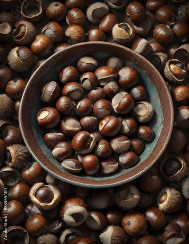 Bowl filled with fresh chestnuts, some with their spiky outer shells partially removed, placed on a brown surface with some chestnuts scattered, creating a rustic and autumnal feel, Generative AI.