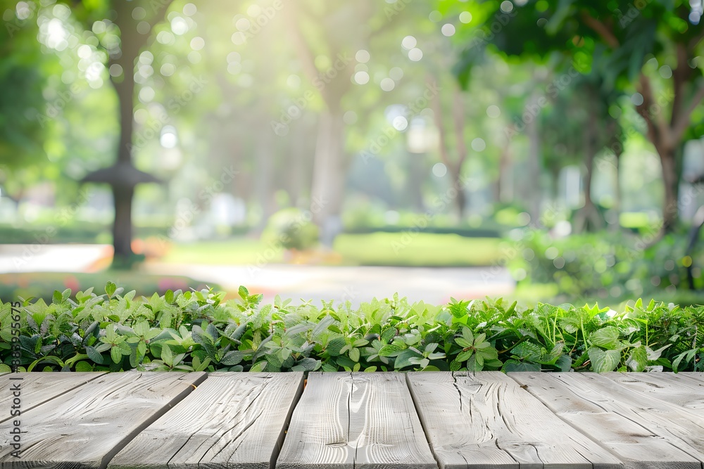 Empty wooden table in a lush green park with sunlight filtering through the trees. Empty wooden table in a lush green park with sunlight filtering through the trees.