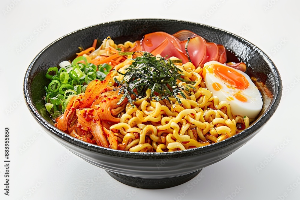 Ramen with accompaniments in a black plate, looks delicious on a clean white background, typical japanesse food Ramen with accompaniments in a black plate, looks delicious on a clean white background, typical japanesse food