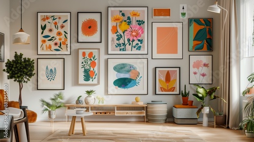 Cozy living room featuring vibrant botanical wall art, indoor plants, and minimalist furniture for a stylish, contemporary look. © RaptorWoman