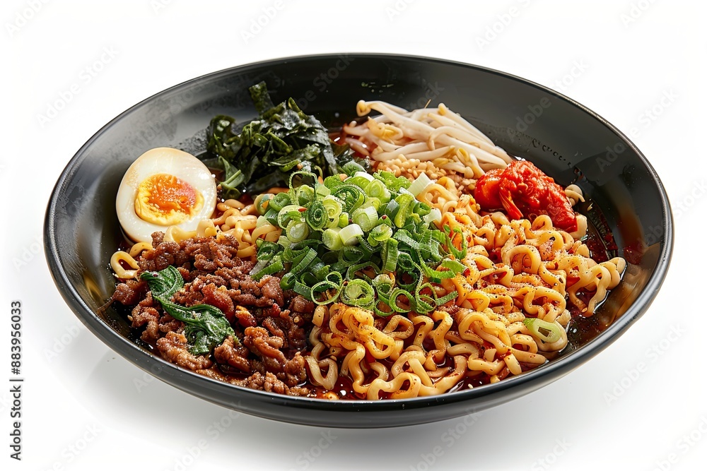 Ramen with accompaniments in a black plate, looks delicious on a clean white background, typical japanesse food Ramen with accompaniments in a black plate, looks delicious on a clean white background, typical japanesse food