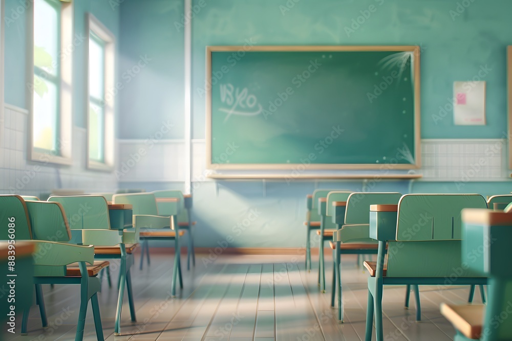 Empty classroom with sunlight streaming through windows, highlighting desks and green chalkboard. Empty classroom with sunlight streaming through windows, highlighting desks and green chalkboard.