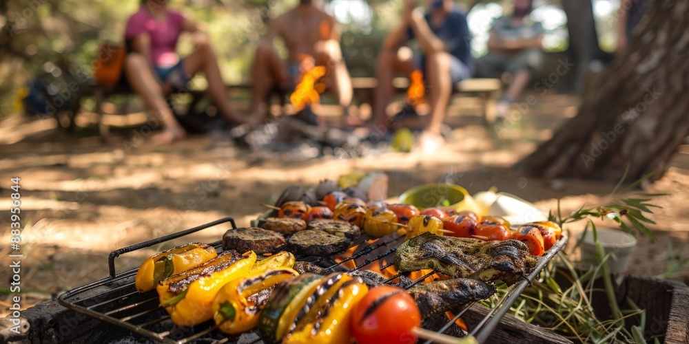 Vegetable skewers grilling on an outdoor barbecue with friends enjoying a sunny day in the background. Vegetable skewers grilling on an outdoor barbecue with friends enjoying a sunny day in the background.