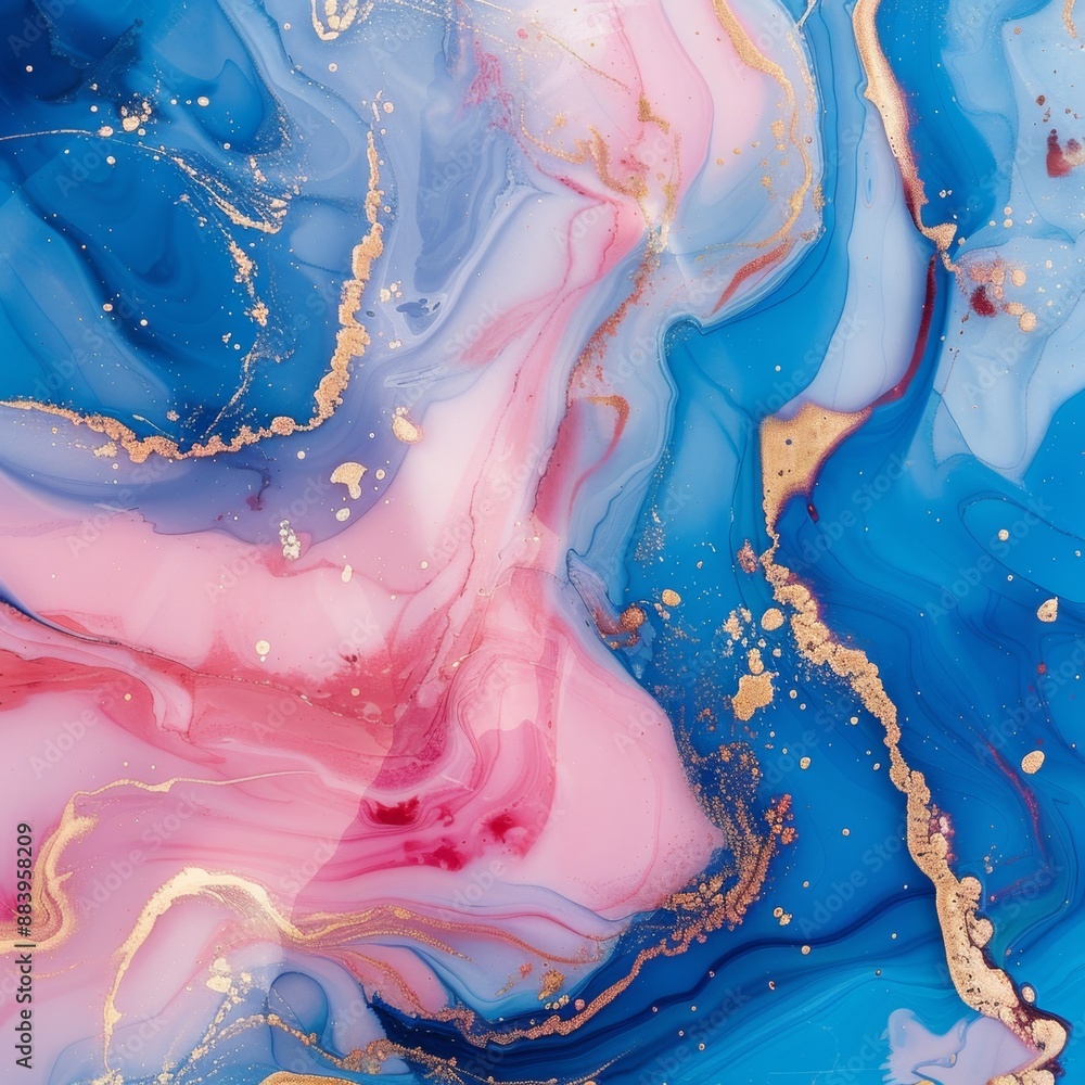 Fototapeta premium Abstract Computer Wallpaper Featuring Pink and Blue Marble Liquid Texture with Golden Splashes, Luxurious Background, AI-Generated 4K HD Wallpaper for Elegant and Modern Design Aesthetics,Decorative p