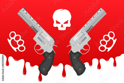 Blood skull two Сolt magnum revolvers and two knuckle vector