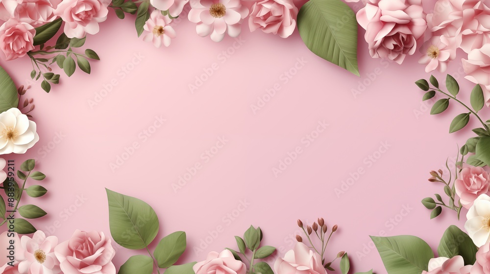 Beautiful Pink Floral Background with Roses and Green Leaves Beautiful Pink Floral Background with Roses and Green Leaves