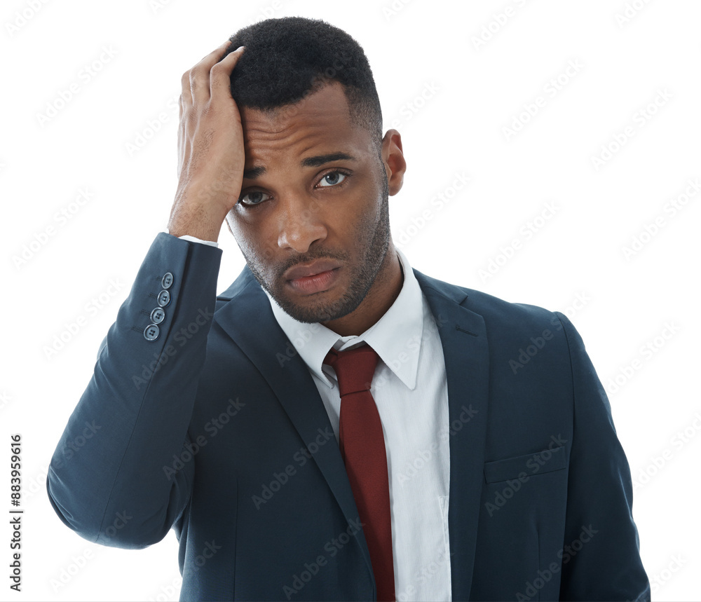Business man, stress and face in studio for risk, debt and investment fail or mistake on white background. Trader, anxiety and fear for bankruptcy, news and financial crisis as phishing scam disaster Business man, stress and face in studio for risk, debt and investment fail or mistake on white background. Trader, anxiety and fear for bankruptcy, news and financial crisis as phishing scam disaster