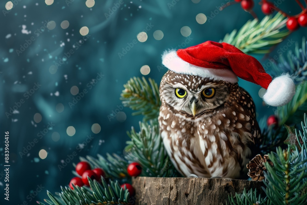 Christmas owl in santa hat on festive backdrop for ads and cards with text space Christmas owl in santa hat on festive backdrop for ads and cards with text space
