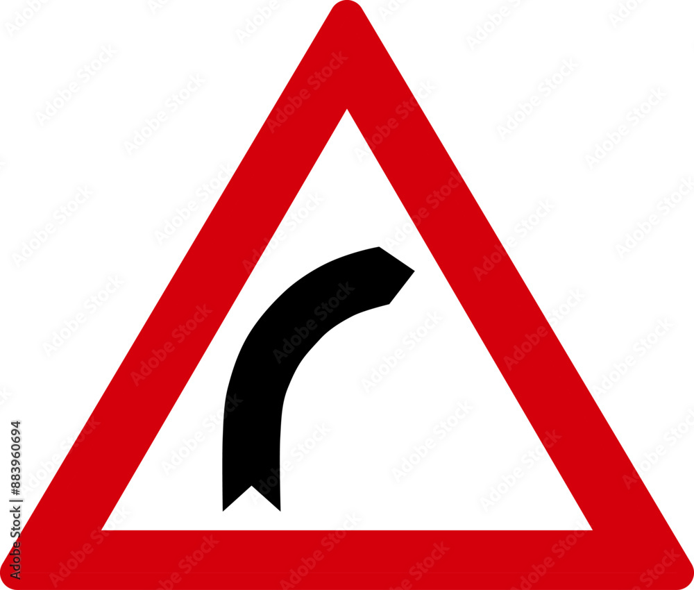 Red, white and black colored triangle shaped warning sign curve right ahead. Illustration made July 14th, 2024, Zurich, Switzerland. Red, white and black colored triangle shaped warning sign curve right ahead. Illustration made July 14th, 2024, Zurich, Switzerland.