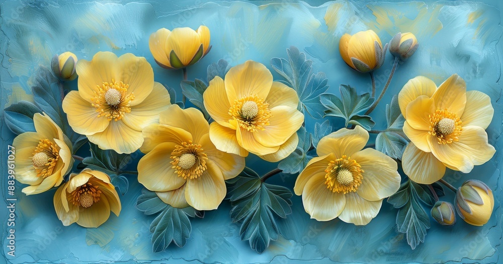 Fototapeta premium Beautiful Yellow Flowers in Blue Vase, Artistic Wall Decoration