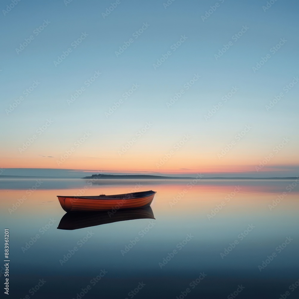 Boat on a Tranquil Lake at Sunrise Boat on a Tranquil Lake at Sunrise