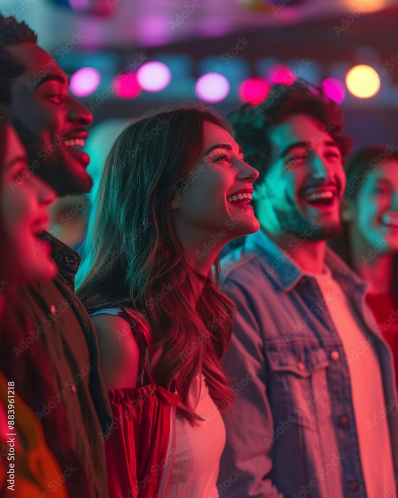 A diverse group of friends laughing and enjoying a colorful bowling alley scene. Ideal for diversity and friendship concepts. A diverse group of friends laughing and enjoying a colorful bowling alley scene. Ideal for diversity and friendship concepts.