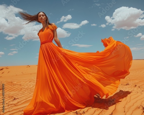 Sustainable fashion collection fights climate change  model posing in desert wearing orange dress