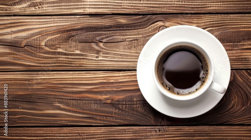 White cup of black coffee on wooden table