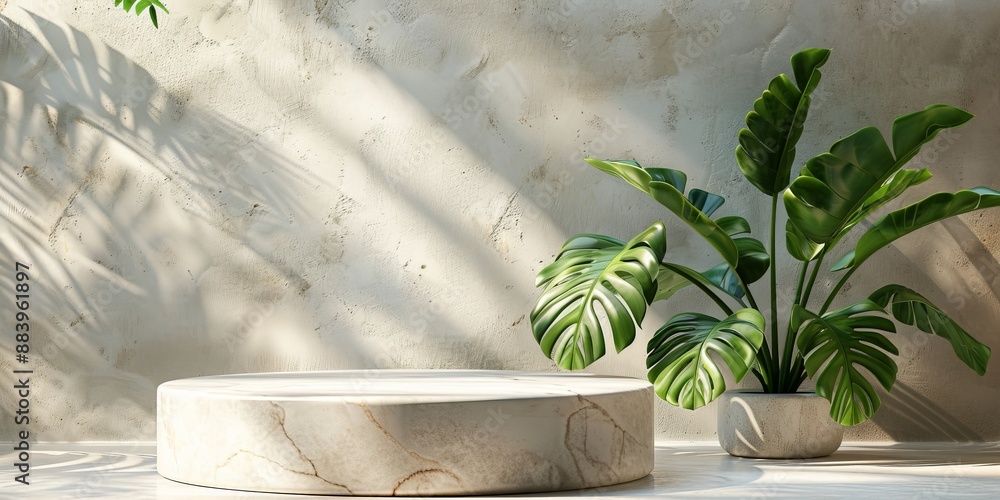 A marble pedestal set in a sunlit tropical-themed room with lush green plants, creating a serene and elegant atmosphere. A marble pedestal set in a sunlit tropical-themed room with lush green plants, creating a serene and elegant atmosphere.