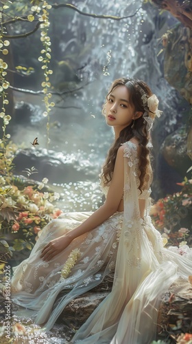 Fairy tale, An Asian girl poses in a fairy tale, An elaborate scene, Heavenly and dreamy, The Forest, Super detail, 8K, 