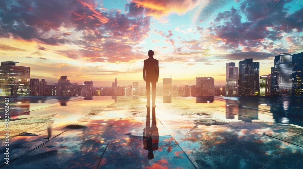 Fototapeta premium Silhouette of a person standing on a rooftop with a cityscape at sunset