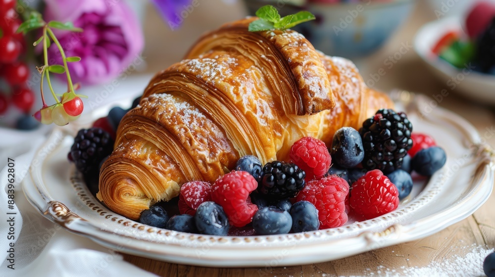 Croissant with fresh mixed berries on white plate Croissant with fresh mixed berries on white plate