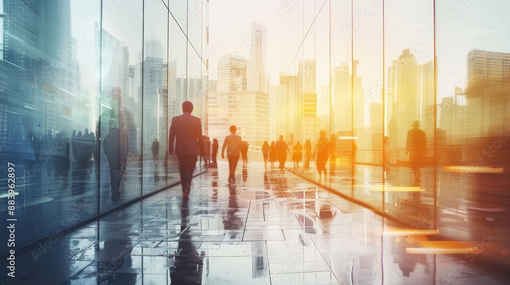 Business people walking in modern cityscape with reflections