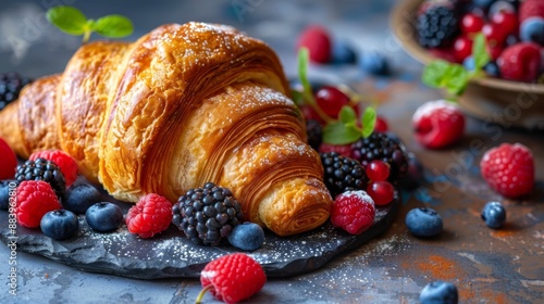 Wallpaper Mural Croissant with mixed berries on dark slate board Torontodigital.ca
