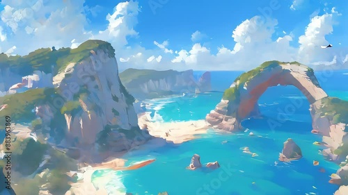 Cliffside Beach Landscapes Animation. Golden Sands, Clear Turquoise Waters, Dramatic Cliffs. Experience the Serene Beauty of Cliffside Beach Landscapes in This Dynamic Video. photo