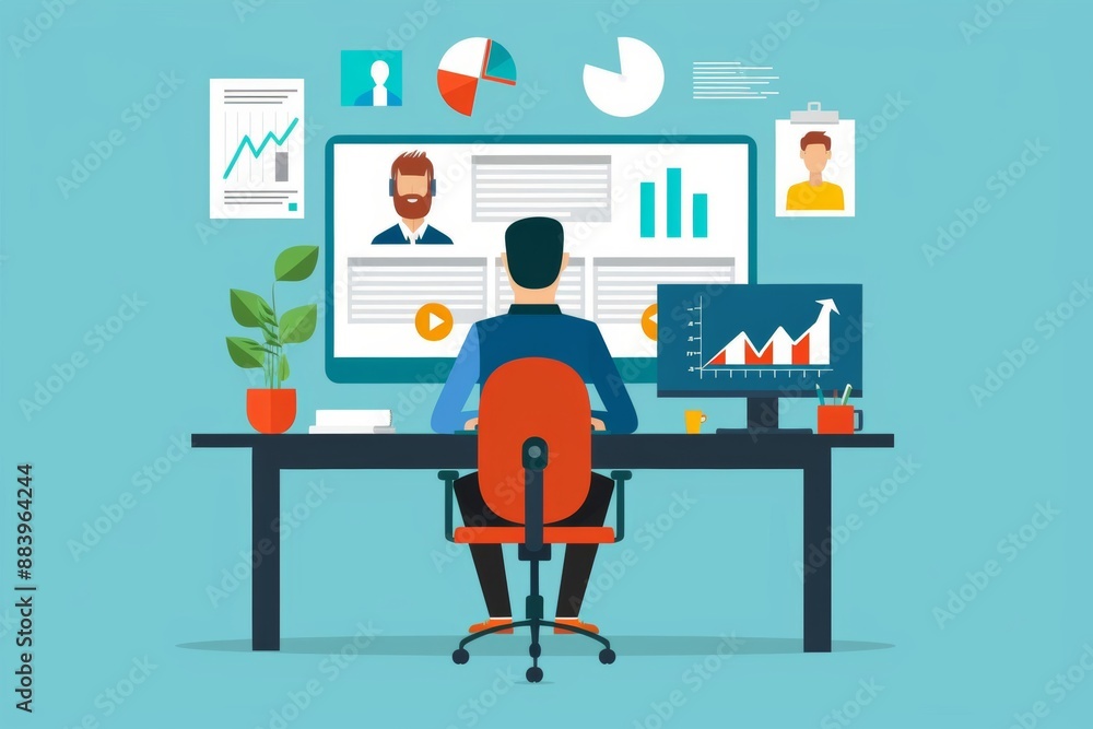 illustration of a video conference, showing participants on screen, representing virtual meetings and remote communication. illustration of a video conference, showing participants on screen, representing virtual meetings and remote communication.
