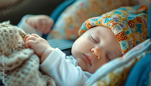 Peaceful infant sleeping in securely strapped car safety seat for a calm and restful journey