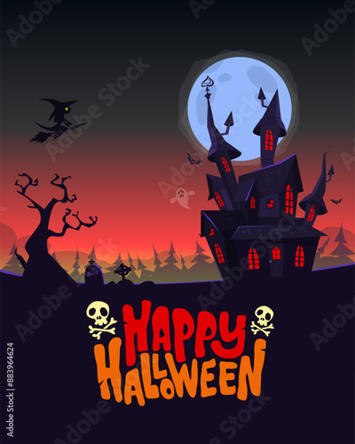 Halloween haunted house cartoon illustration. Vector horror scary mansion on the night background with moon. Party poster photo