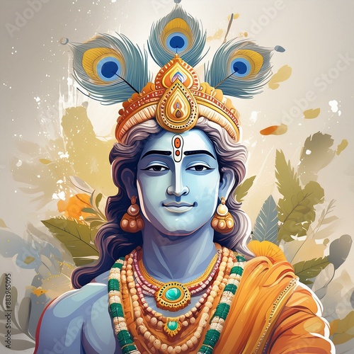 Lord Krishna's face with wearing peacock feather on head photo